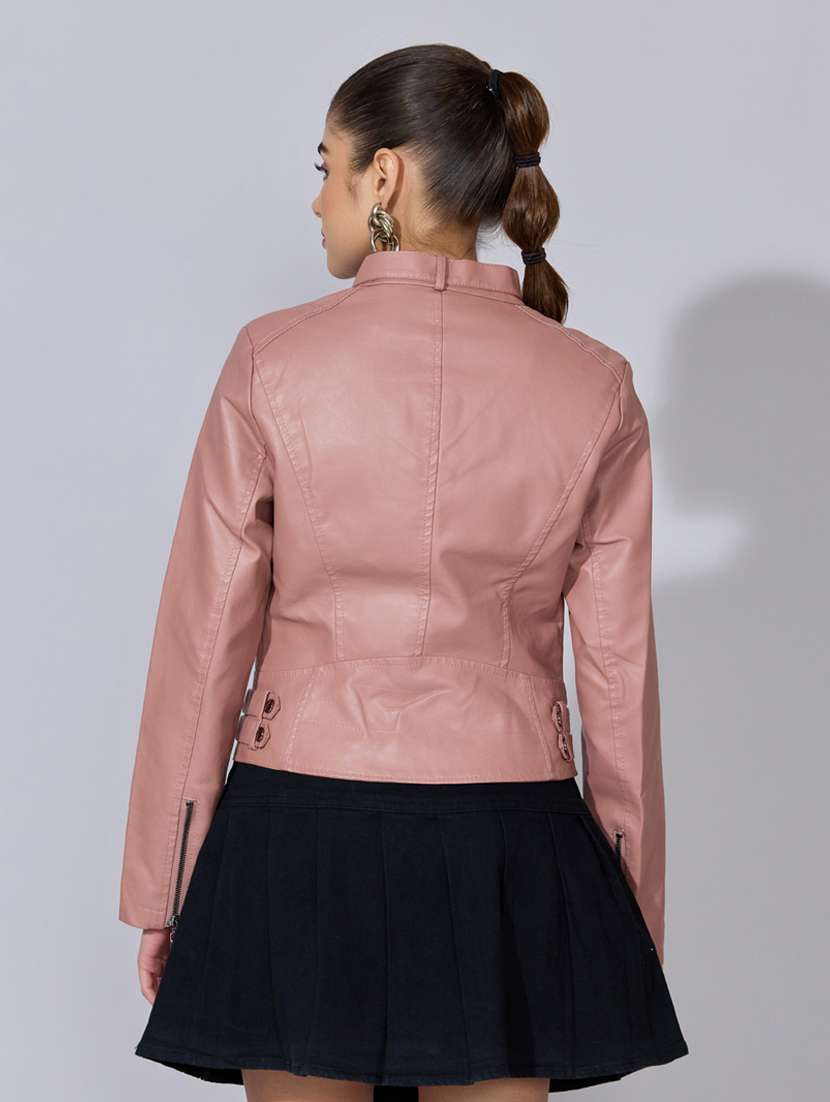 women solid long sleeve leatherette biker jacket - 22396180 -  Standard Image - 4