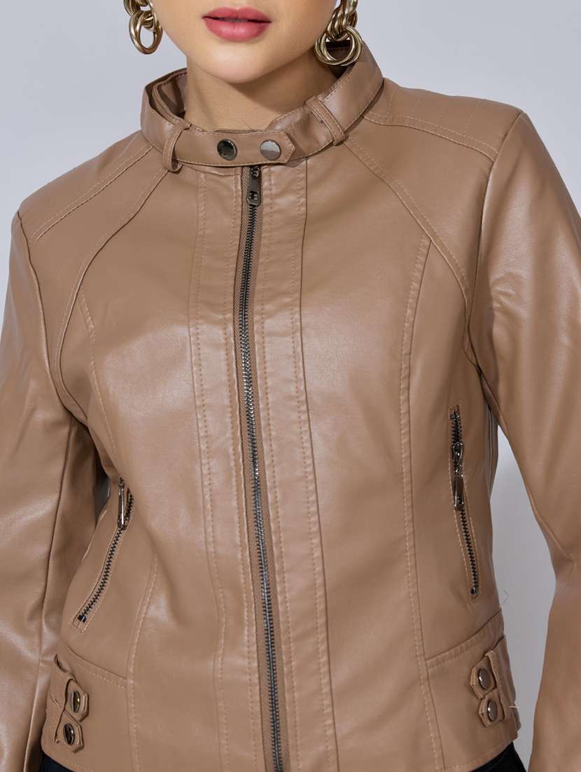 women solid long sleeve leatherette biker jacket - 22396181 -  Standard Image - 1