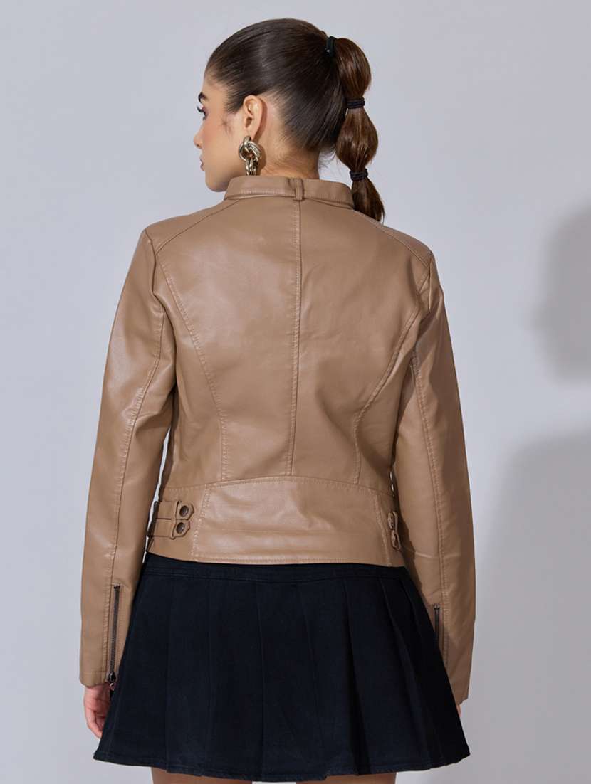 women solid long sleeve leatherette biker jacket - 22396181 -  Standard Image - 4