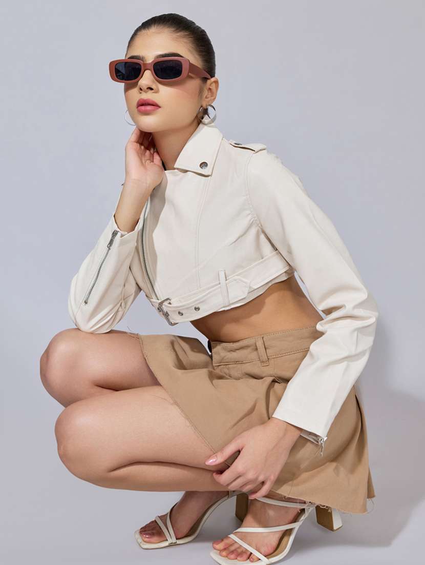 women solid long sleeve crop leatherette jacket - 22396184 -  Standard Image - 4