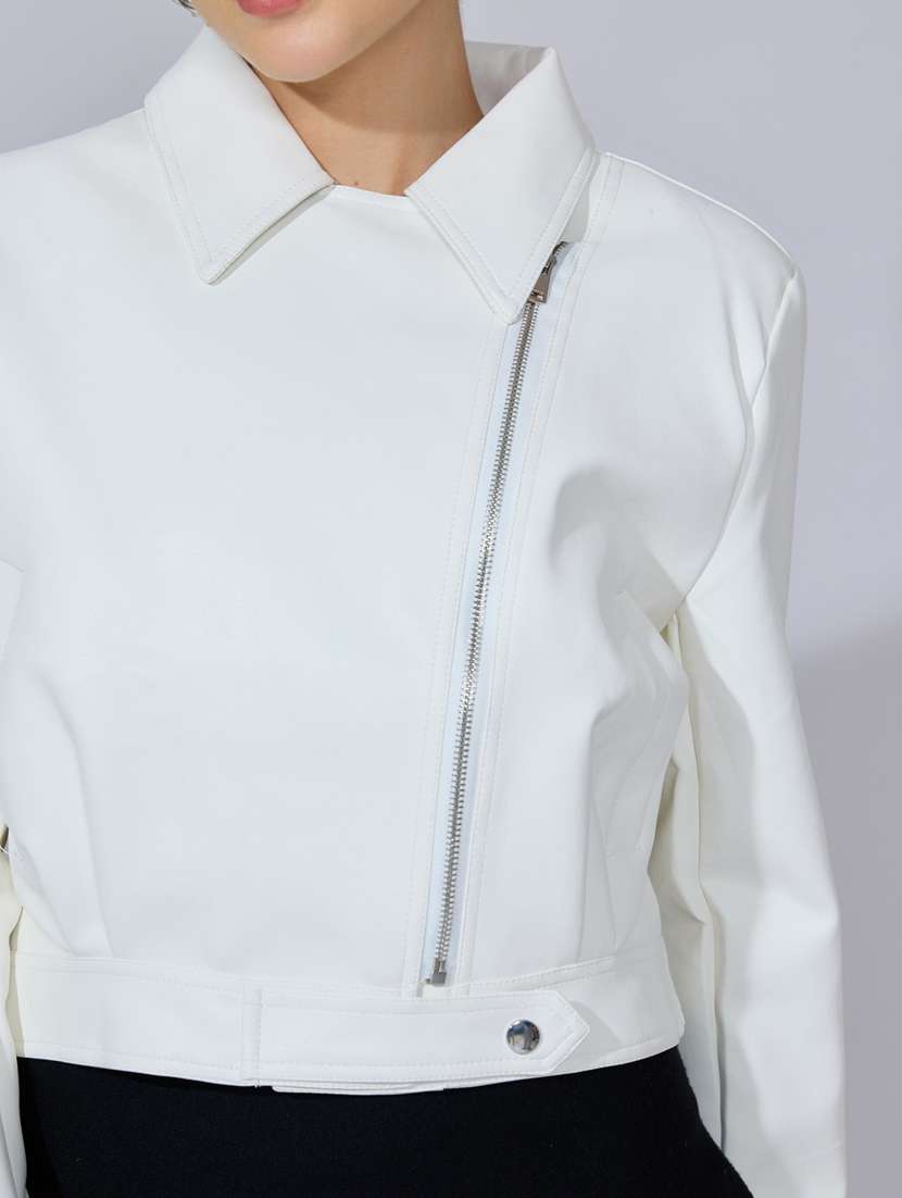 women solid long sleeve leatherette biker jacket - 22396185 -  Standard Image - 1