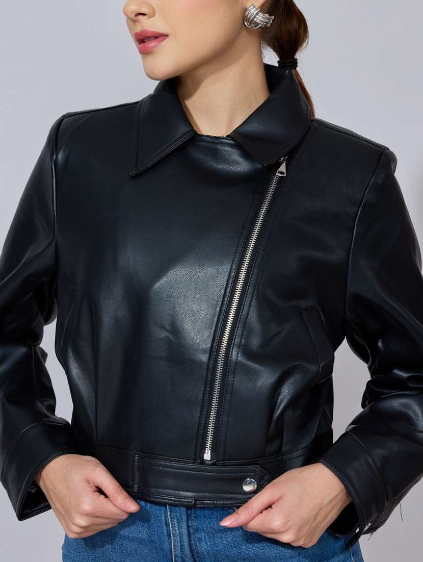 women solid long sleeve leatherette biker jacket - 22396186 -  Standard Image - 1