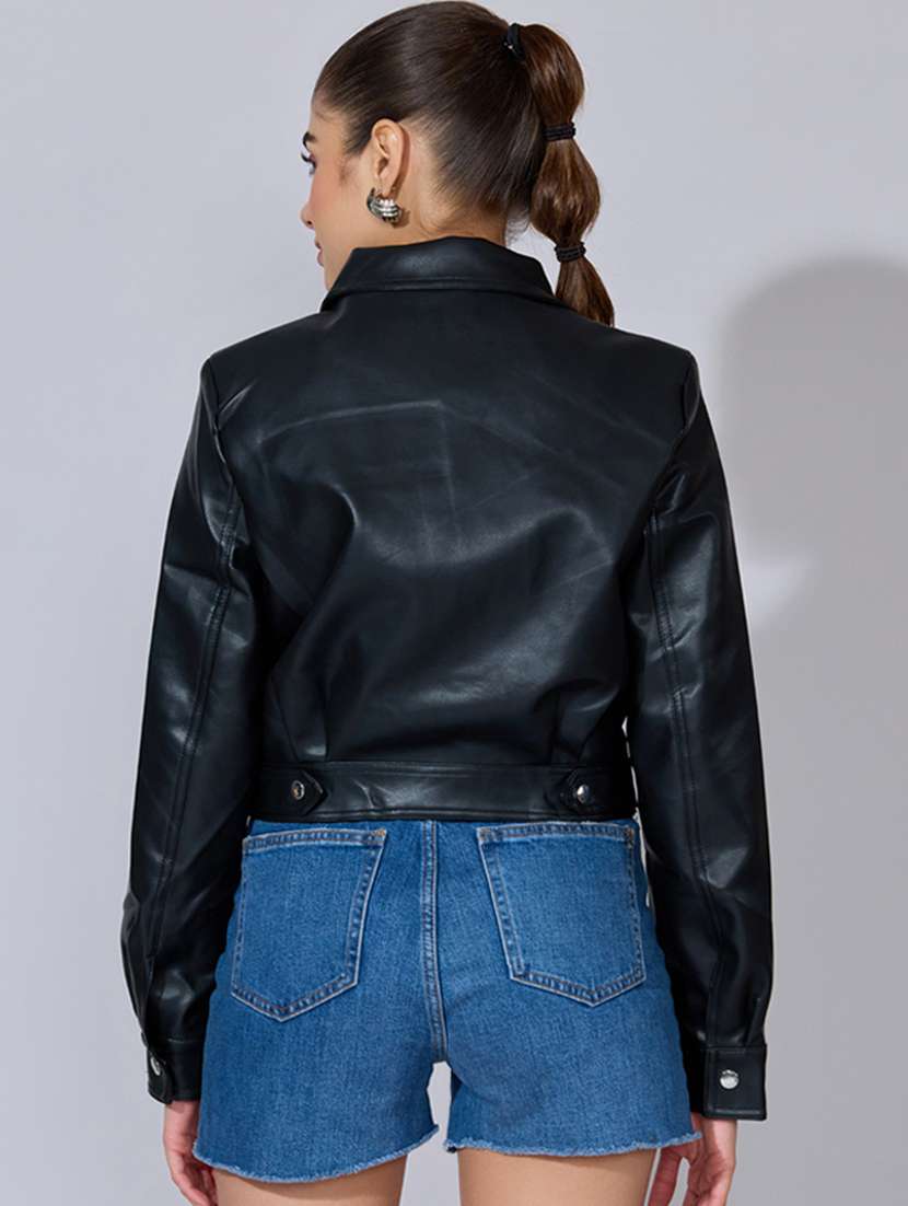 women solid long sleeve leatherette biker jacket - 22396186 -  Standard Image - 4