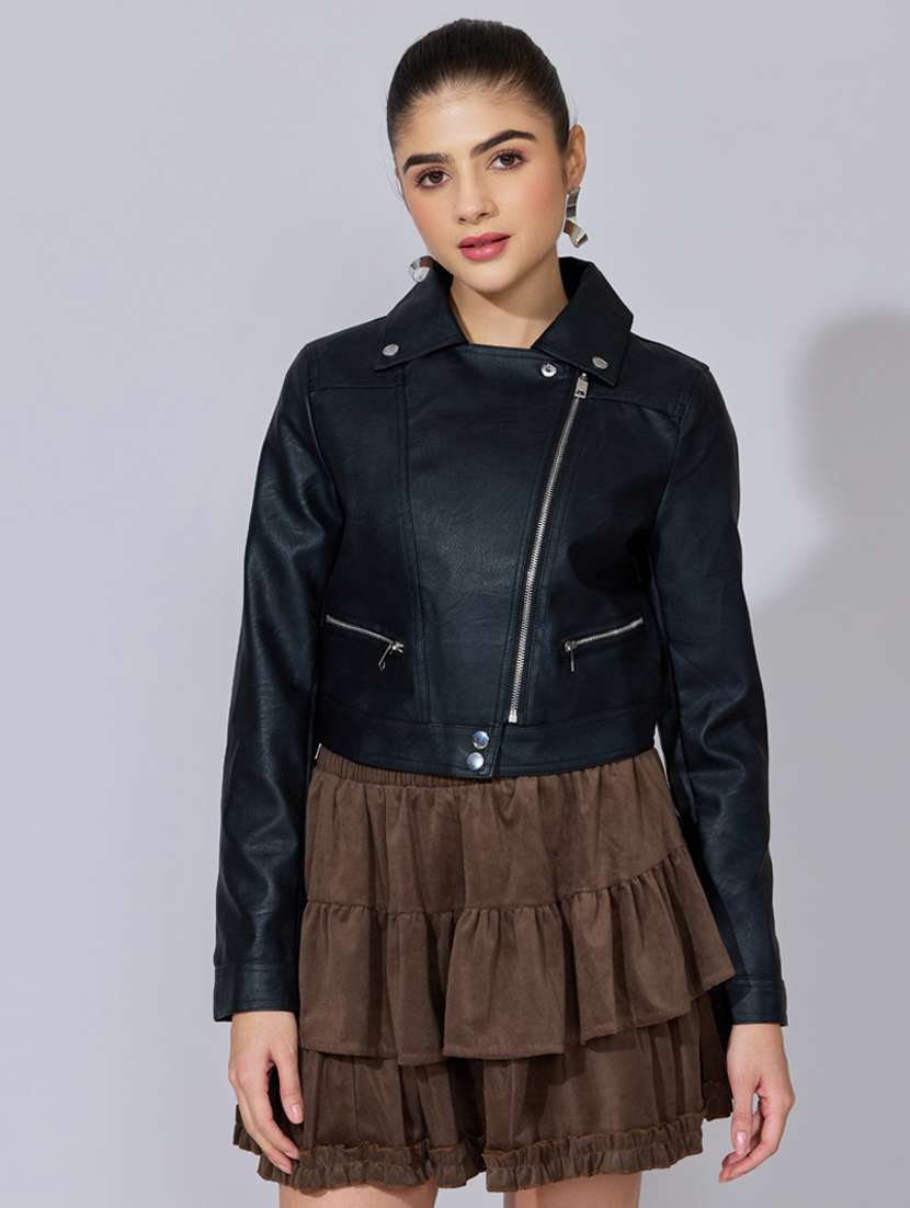 women solid long sleeve leatherette jacket