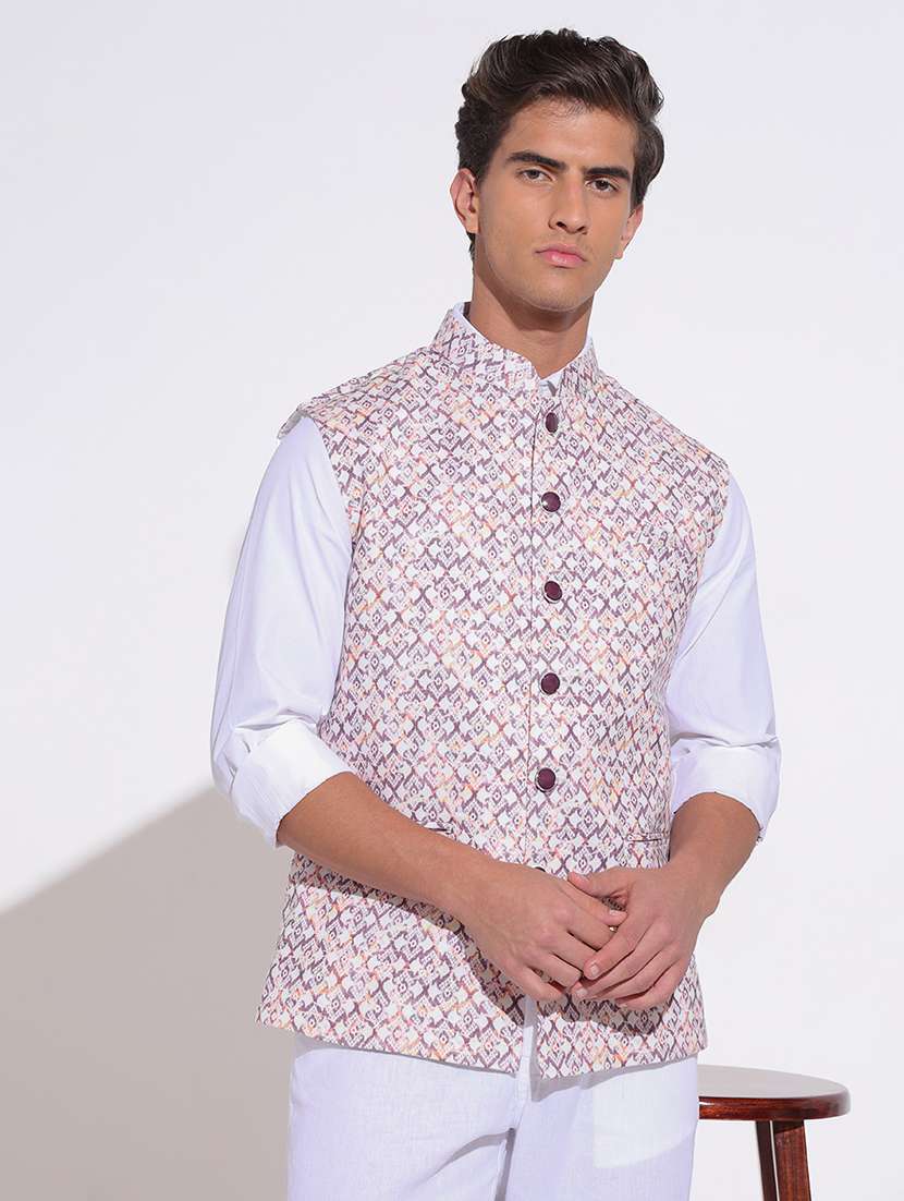 men printed mandarin neck nehru jacket