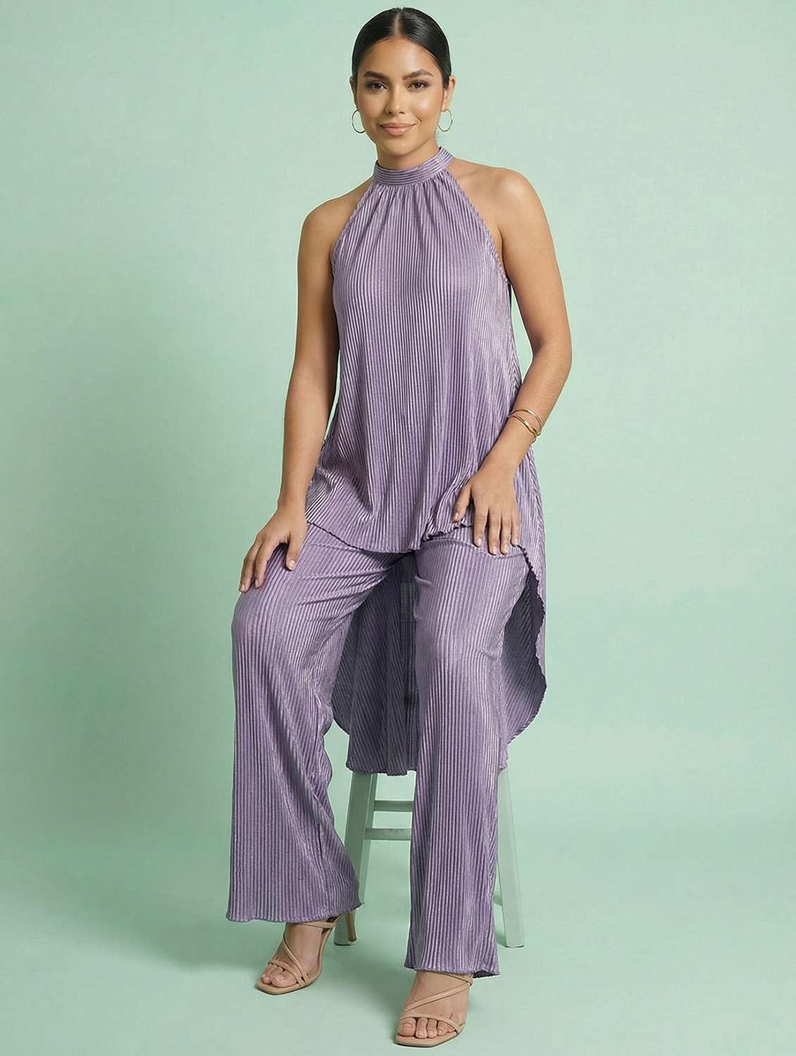 women solid top and trouser co-ord set - 22396792 -  Standard Image - 1