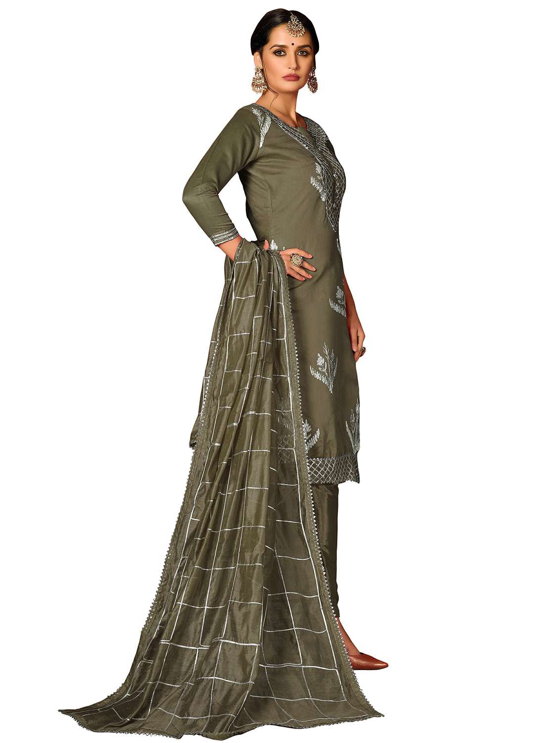 women solid with work three quarter sleeve kurta pant with dupatta set - 22396932 -  Standard Image - 4