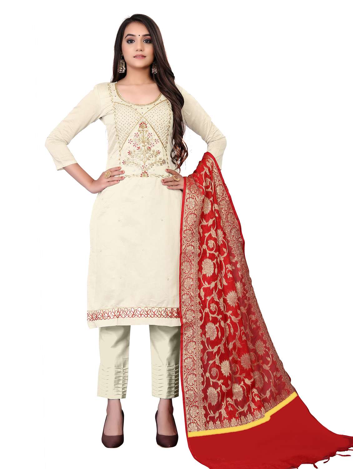 women solid with work unstitched suit set