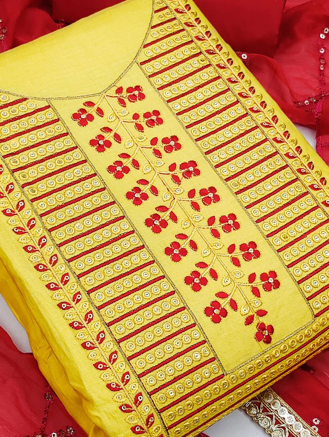 women solid with work unstitched suit set - 22397128 -  Standard Image - 1