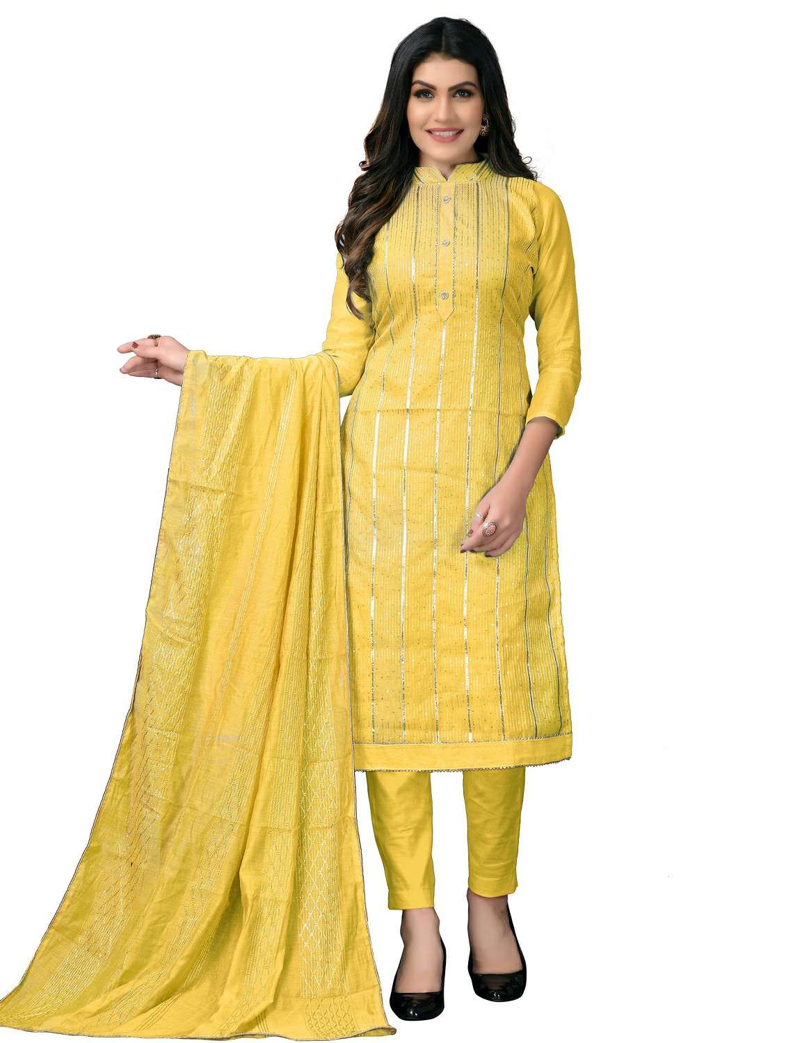 women solid with work unstitched suit set - 22397216 -  Standard Image - 1