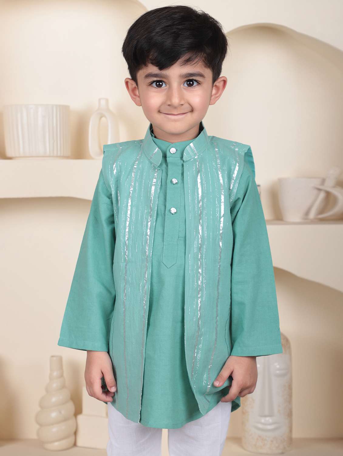 boys self designed kurta and pyjama set with jacket - 22397350 -  Standard Image - 1