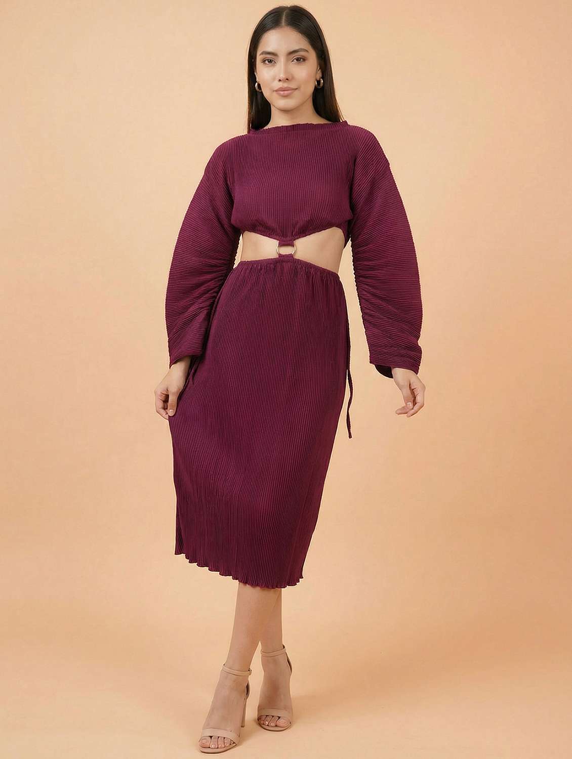 women solid long sleeve cut out sheath dress - 22397373 -  Standard Image - 4