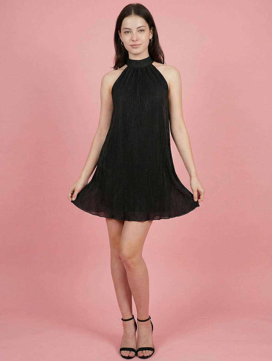 women solid halter neck sleeveless a-line dress - 22397375 -  Standard Image - 4