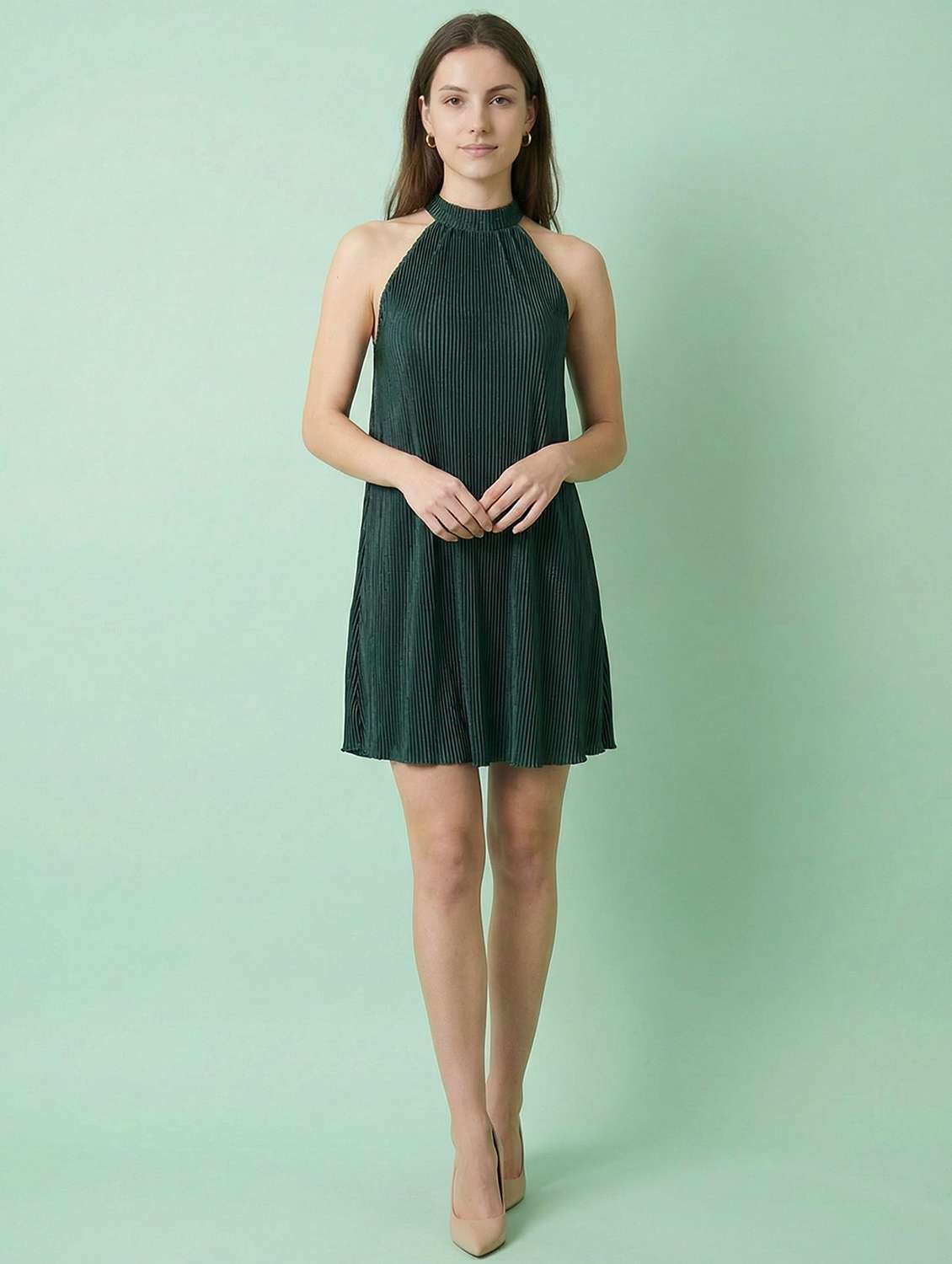 women solid halter neck sleeveless a-line dress - 22397377 -  Standard Image - 4