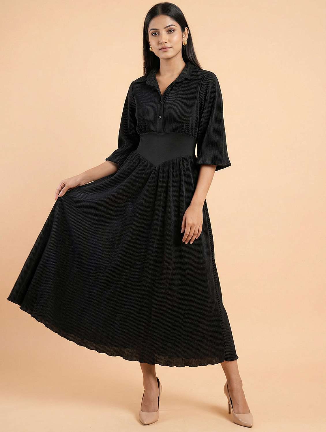 women solid collared fit & flared dress - 22397381 -  Standard Image - 4
