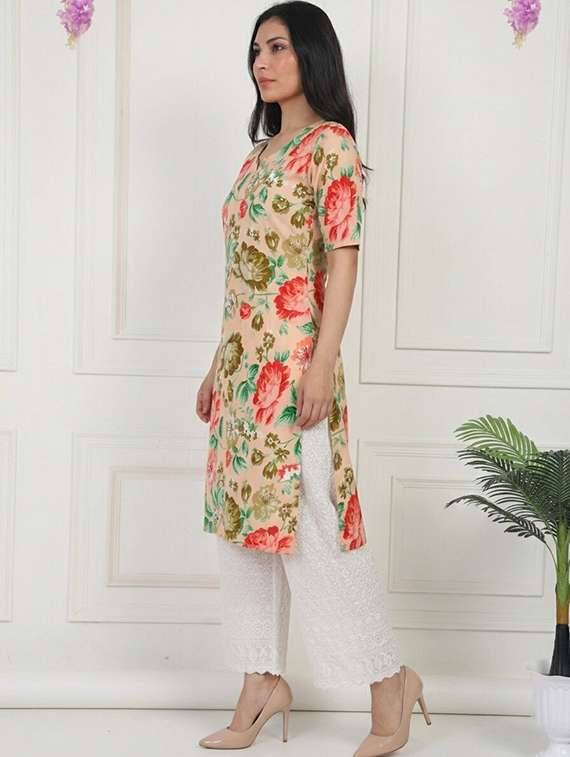 women floral printed short sleeve straight kurta - 22397462 -  Standard Image - 1