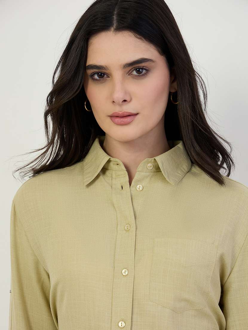 women solid roll up sleeve back tie up shirt - 22397805 -  Standard Image - 1