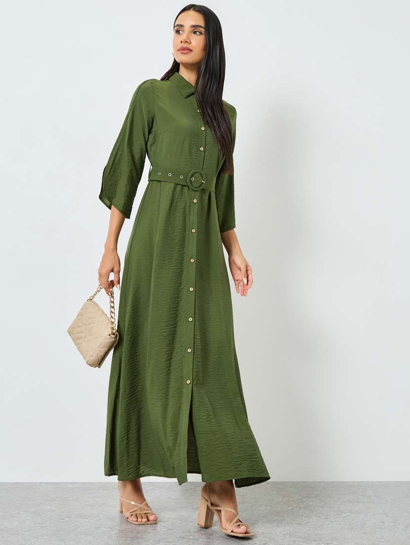 women solid collared belted shirt dress