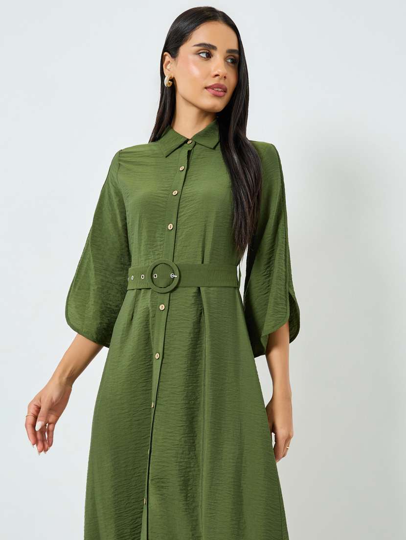 women solid collared belted shirt dress - 22397817 -  Standard Image - 4