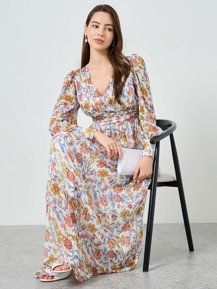 women floral print puff sleeve a-line dress