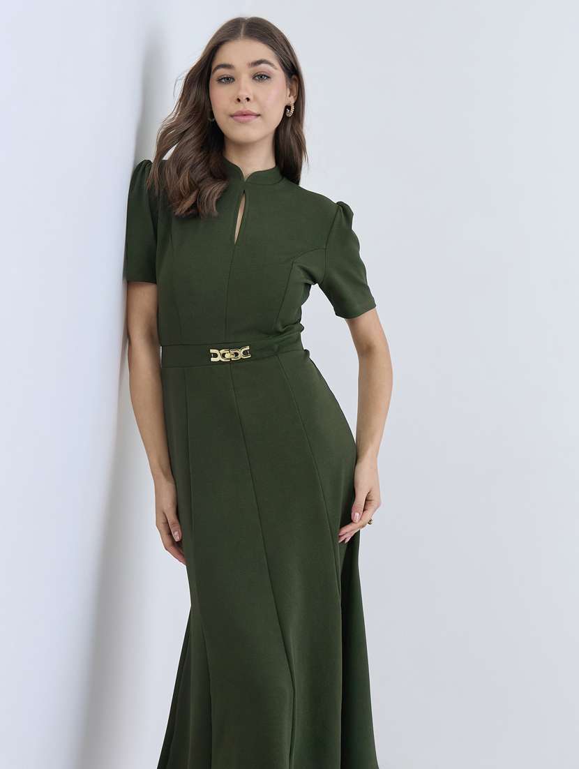 women solid puff sleeve a-line dress - 22397830 -  Standard Image - 4