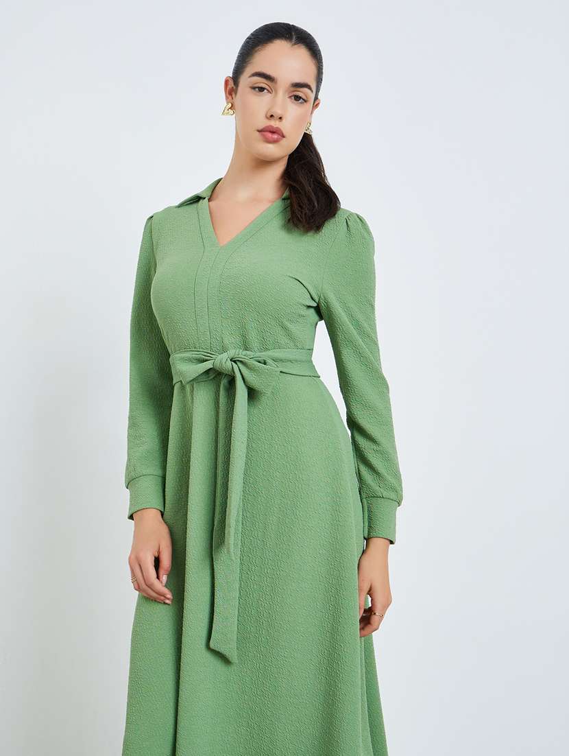 women solid collared puff sleeve a-line dress - 22397837 -  Standard Image - 1