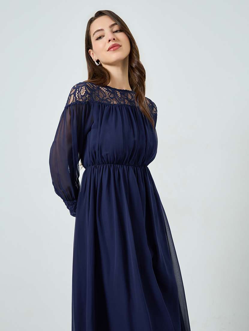 women solid bishop sleeve lace detailed a-line dress - 22397845 -  Standard Image - 1