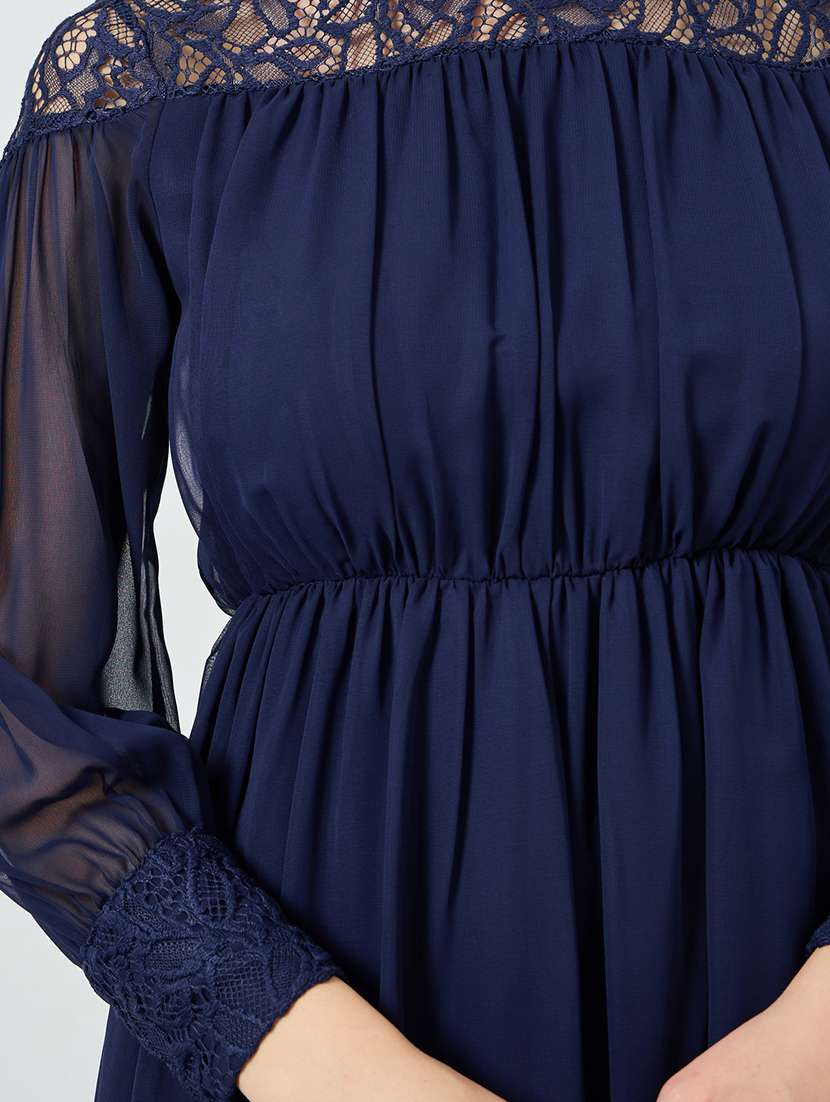 women solid bishop sleeve lace detailed a-line dress - 22397845 -  Standard Image - 4