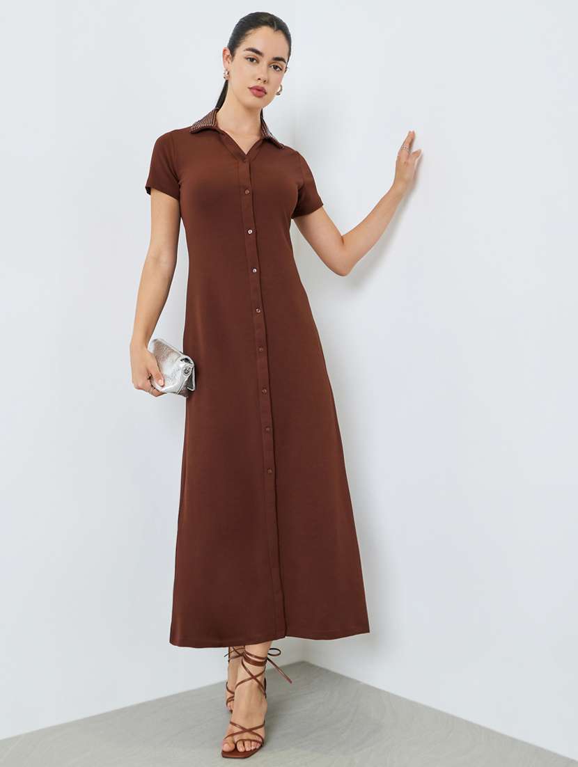 women solid collared sleeveless shirt dress