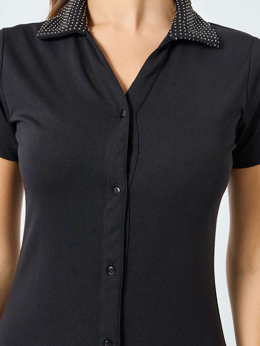women solid collared short sleeve shirt dress - 22397848 -  Standard Image - 1