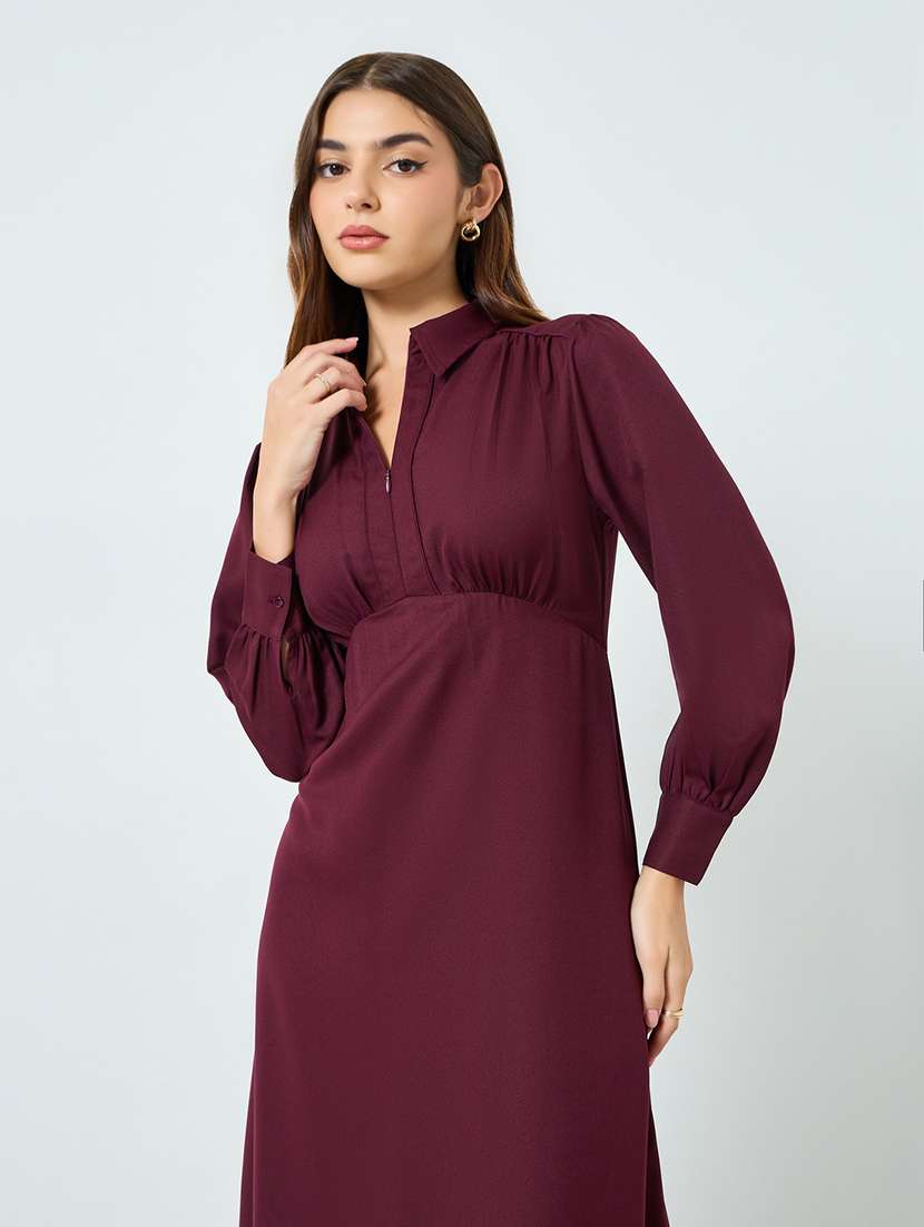 women solid collared bishop sleeve a-line dress - 22397849 -  Standard Image - 1