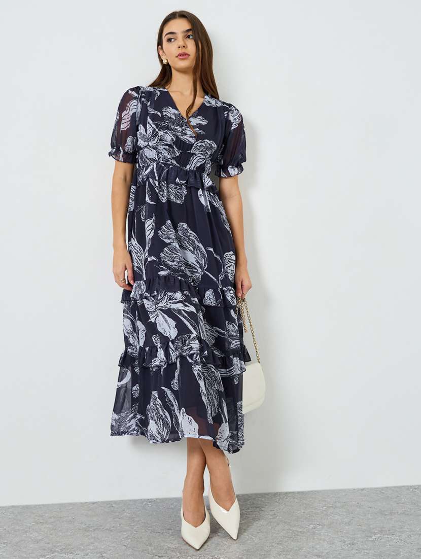 women floral print puff sleeve tiered dress
