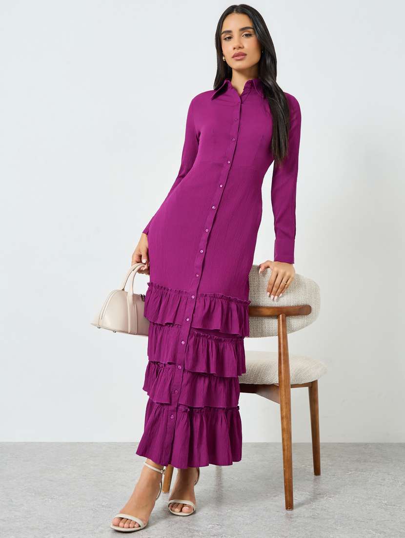 women solid collared long sleeve ruffle dress