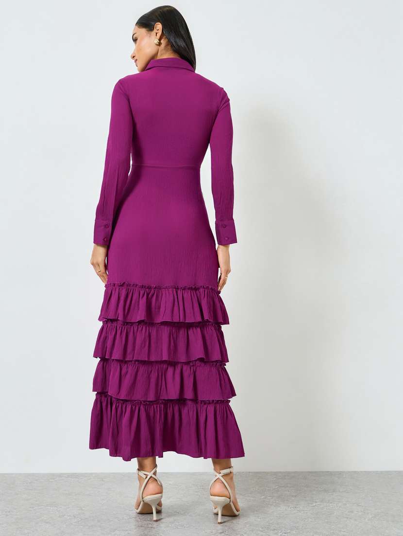 women solid collared long sleeve ruffle dress - 22397852 -  Standard Image - 4