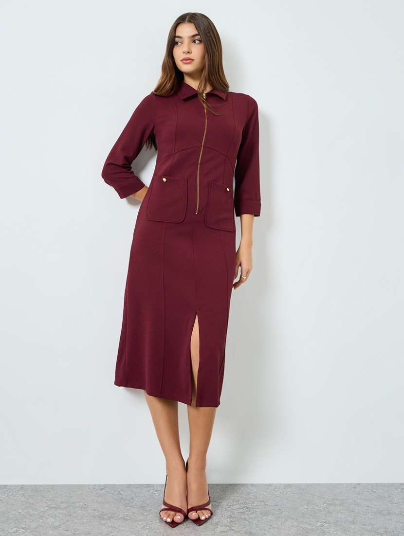 women solid collared shirt dress
