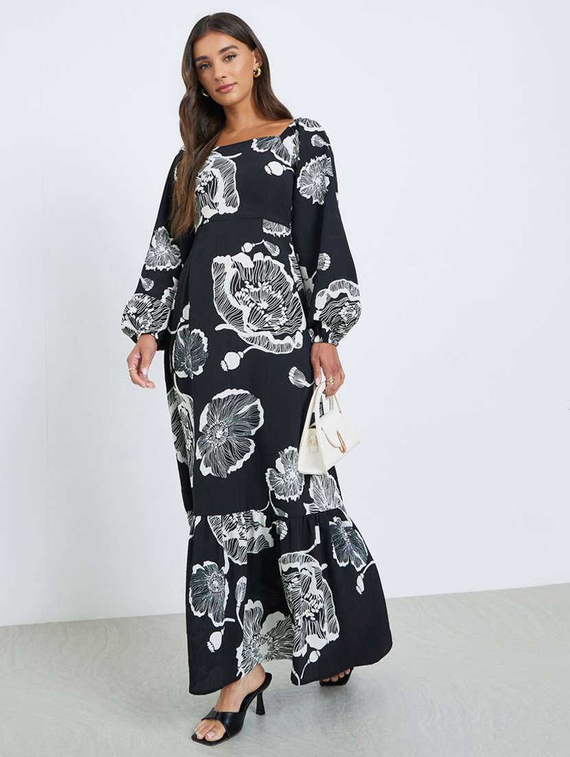 women floral print puff sleeve tiered dress