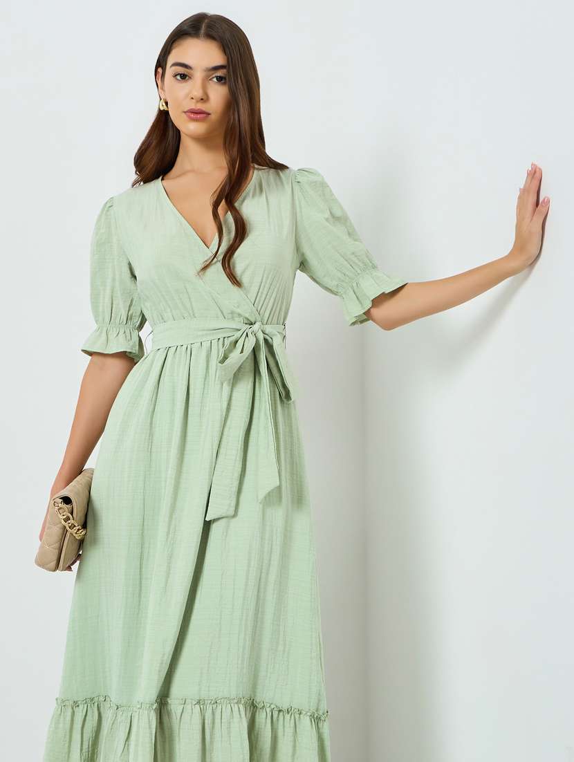 women solid puff sleeve tiered dress - 22397863 -  Standard Image - 1