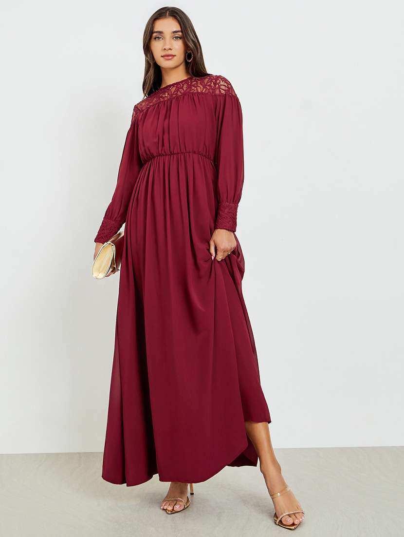 women solid bishop sleeve  fit & flared dress