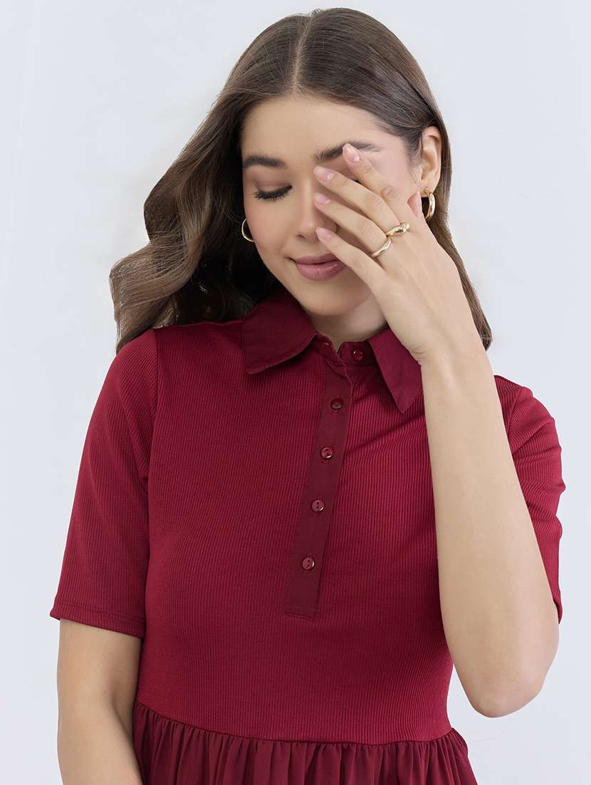 women solid collared short sleeve a-line dress - 22397869 -  Standard Image - 1