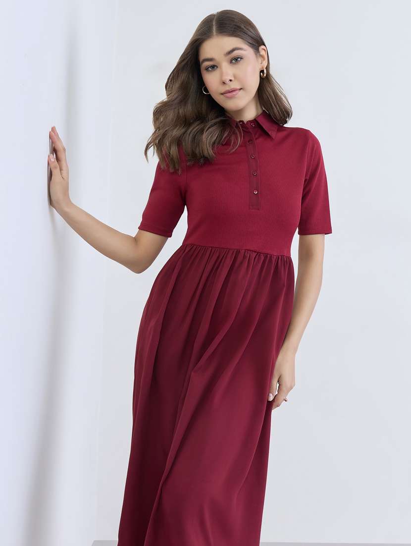 women solid collared short sleeve a-line dress - 22397869 -  Standard Image - 4