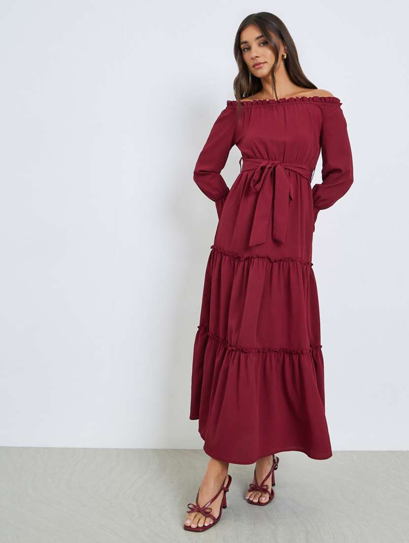 women solid off shoulder long sleeve tiered dress - 22397872 -  Standard Image - 1