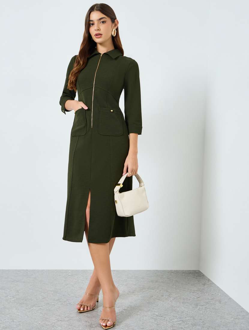 women solid collared bodycon dress