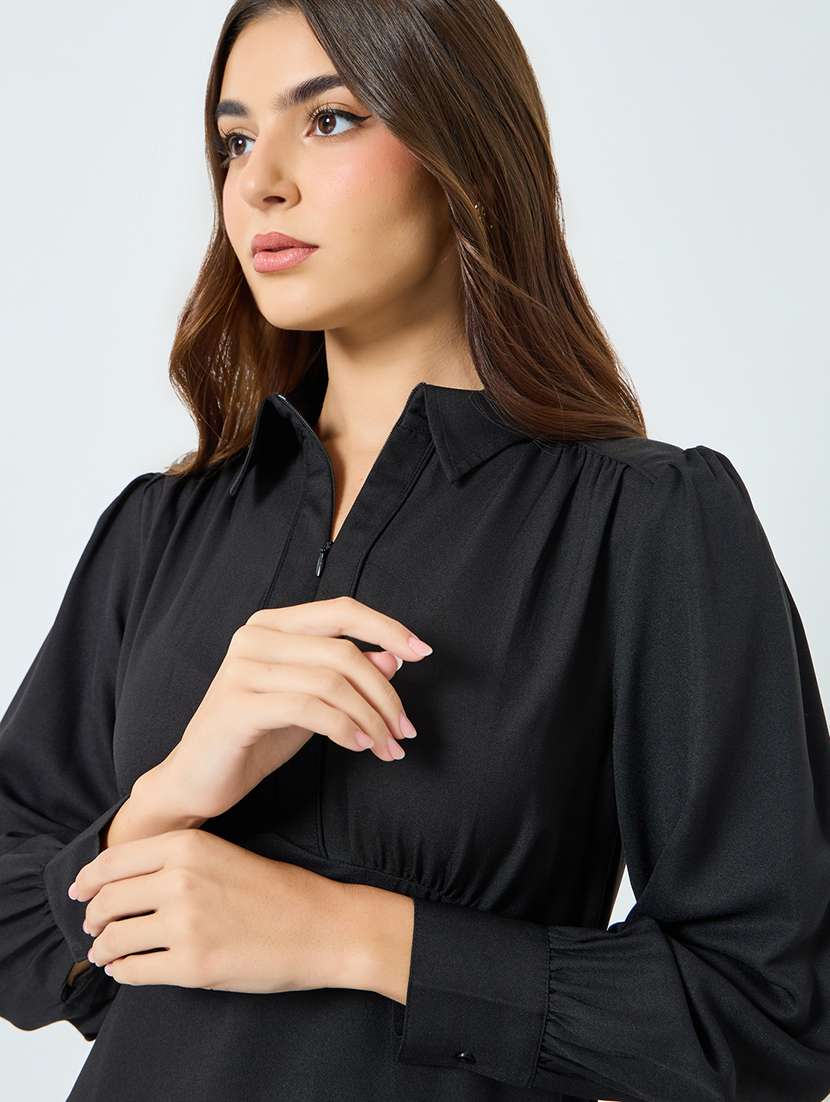 women solid puff sleeve fit & flared dress  - 22397878 -  Standard Image - 1