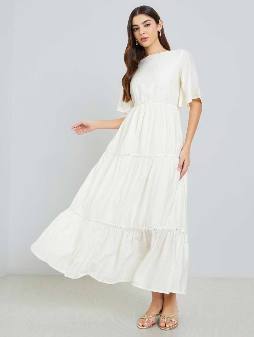 women embellished puff sleeve tiered dress