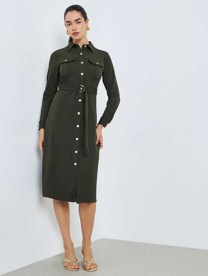 women solid collared long sleeve shirt dress