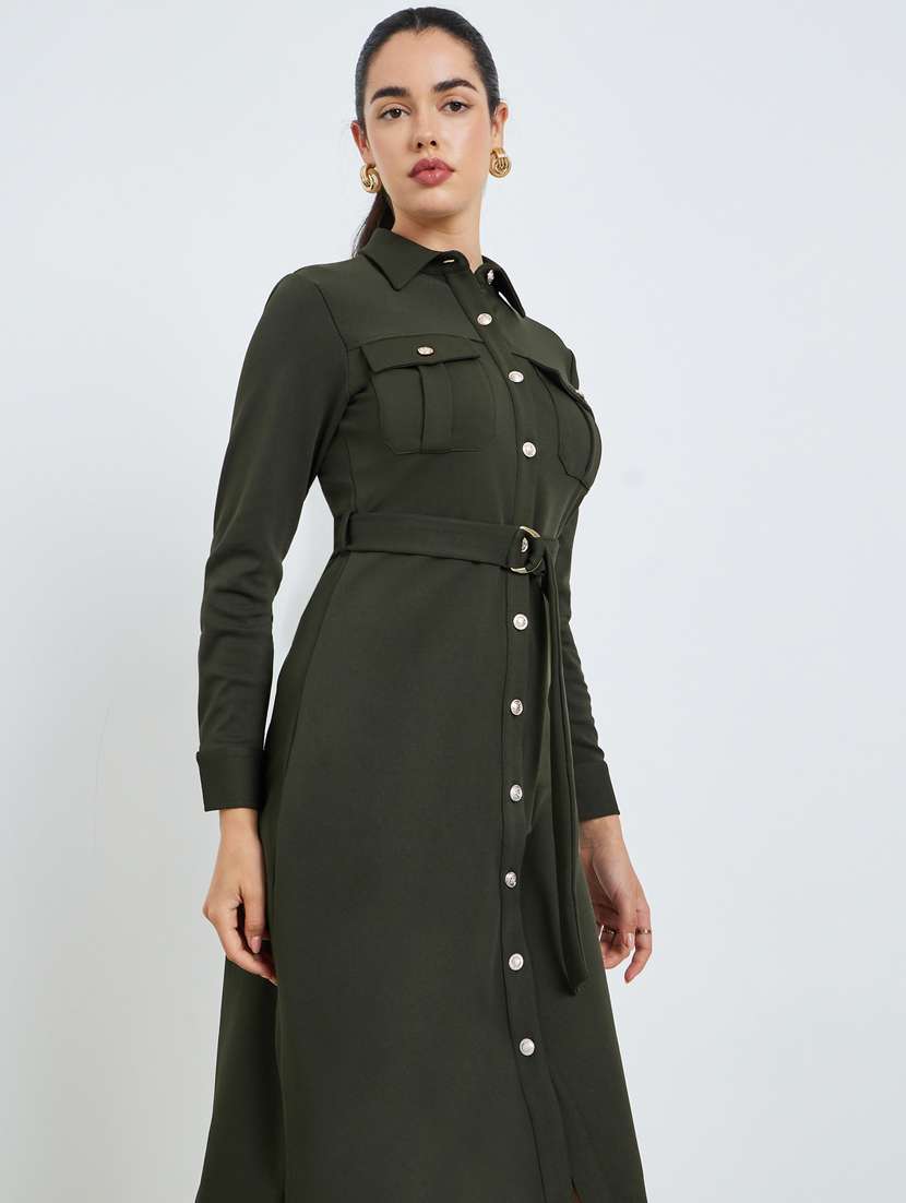 women solid collared long sleeve shirt dress - 22397885 -  Standard Image - 1