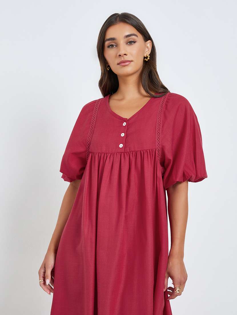 women solid puff sleeve a-line dress - 22397893 -  Standard Image - 1