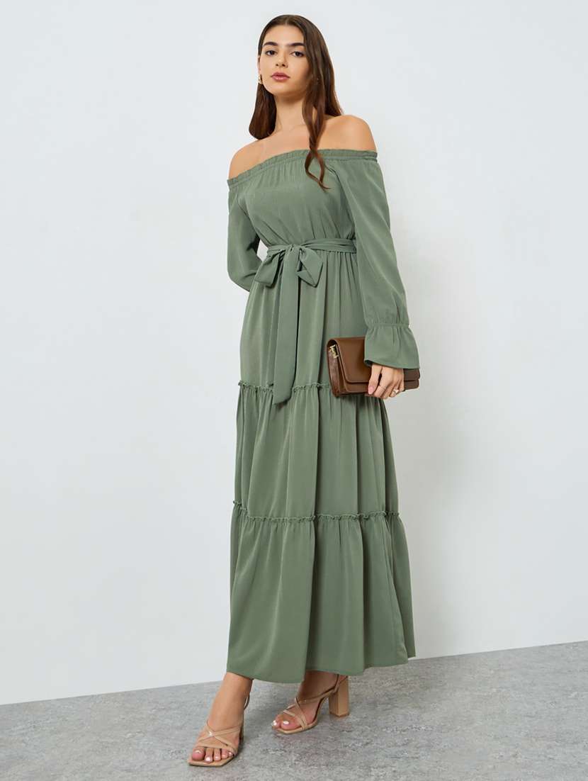 women solid off shoulder bell sleeve tiered dress