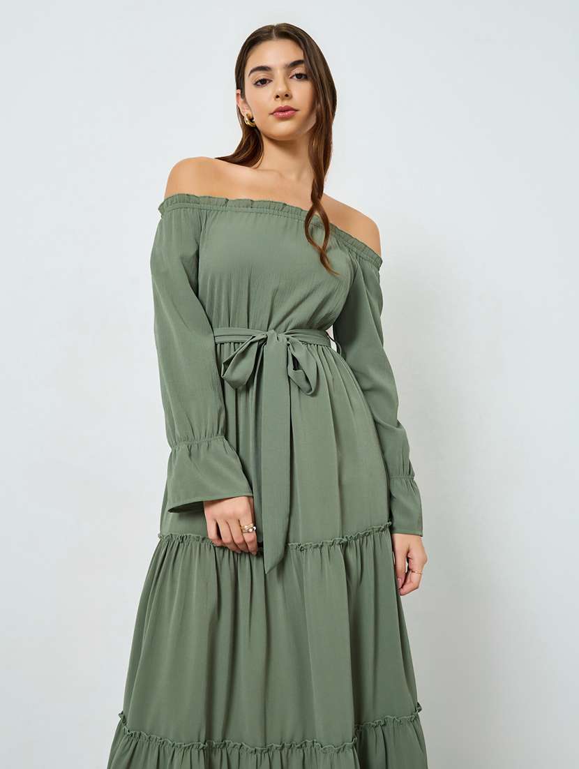 women solid off shoulder bell sleeve tiered dress - 22397894 -  Standard Image - 1