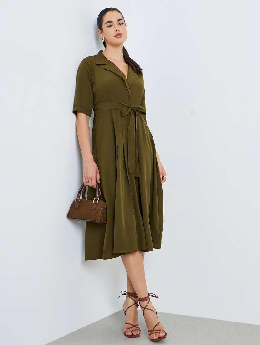 women solid lapel neck short sleeve a-line dress